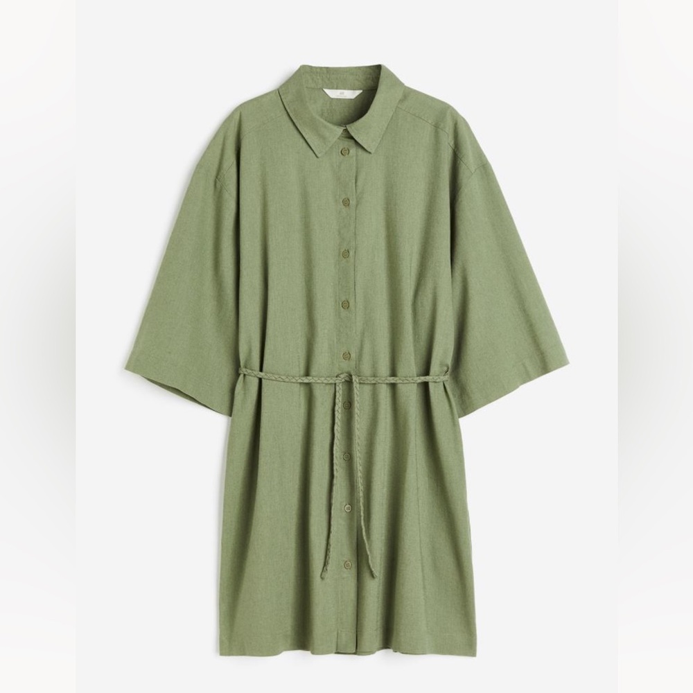 NWT New H&M Linen-Blend Shirt Dress Dusty Green Large L